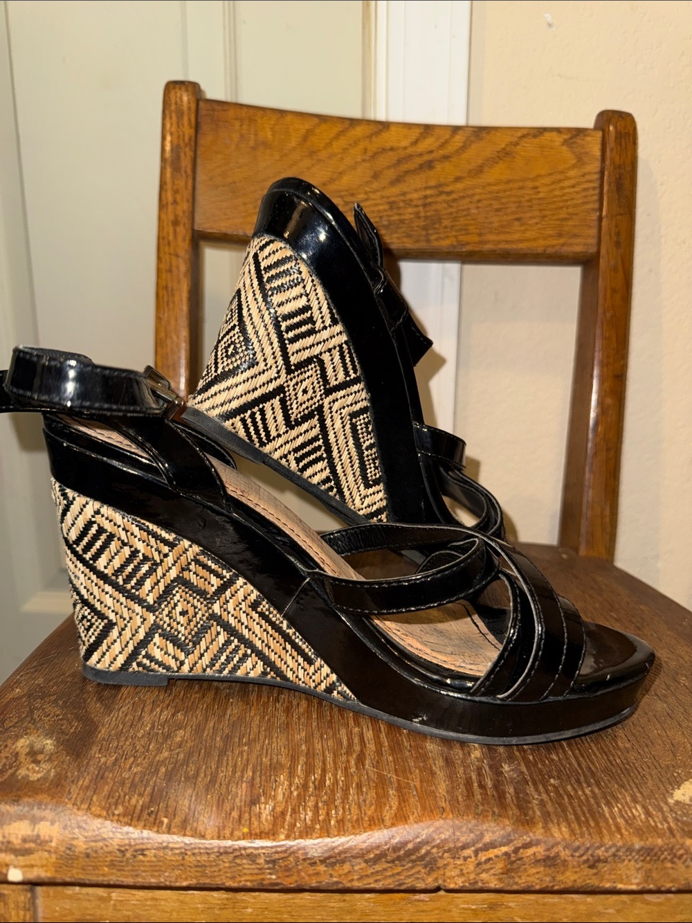 Black Patent Wedge Sandals with Patterned Raffia Platform - Women's Wedges